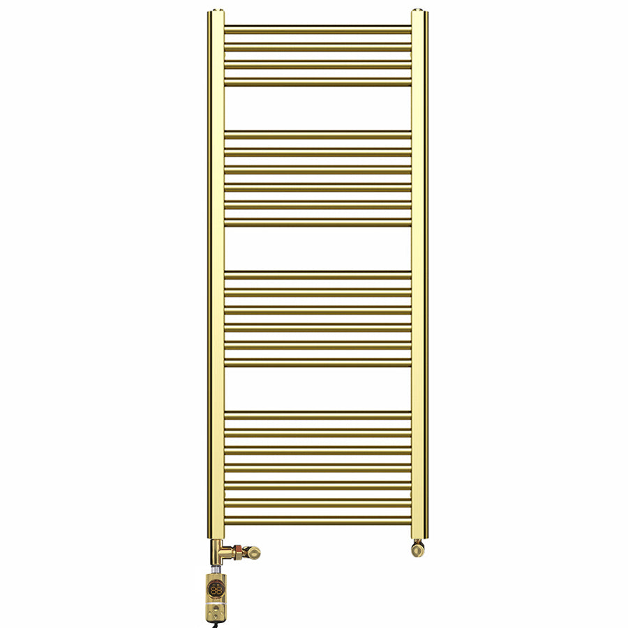 Dual Fuel 500mm x 1200mm Shiny Gold Heated Towel Rail Radiator- (incl. Valves + Electric Heating Kit)