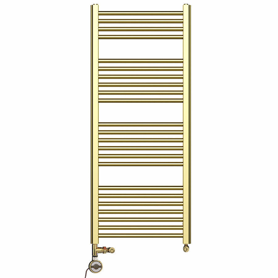 Dual Fuel 500mm x 1200mm Shiny Gold Heated Towel Rail Radiator- (incl. Valves + Electric Heating Kit)