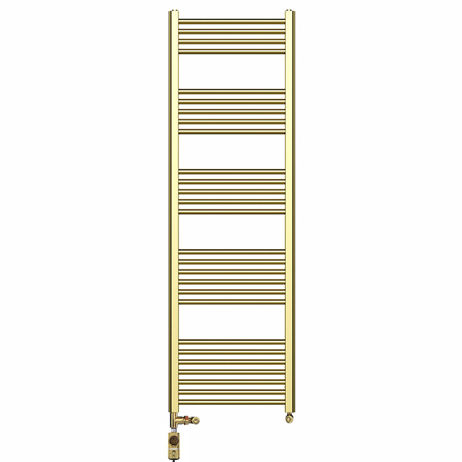 Dual Fuel 400mm x 1600mm Shiny Gold Heated Towel Rail Radiator- (incl. Valves + Electric Heating Kit)