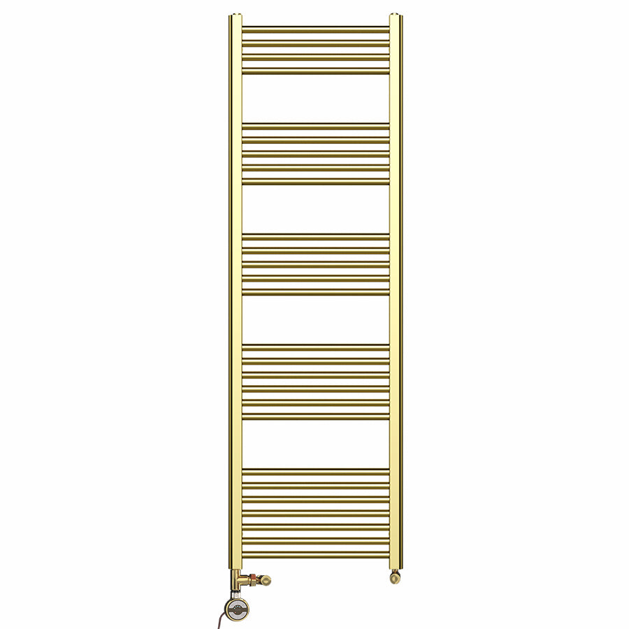 Dual Fuel 500mm x 1600mm Shiny Gold Heated Towel Rail Radiator- (incl. Valves + Electric Heating Kit)