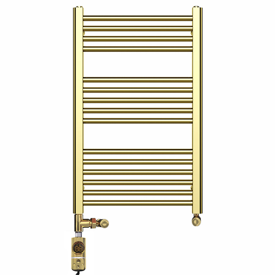 Dual Fuel - 500mm Wide - Shiny Gold- Heated Towel Rail Radiator - (incl. Valves + Electric Heating Kit)