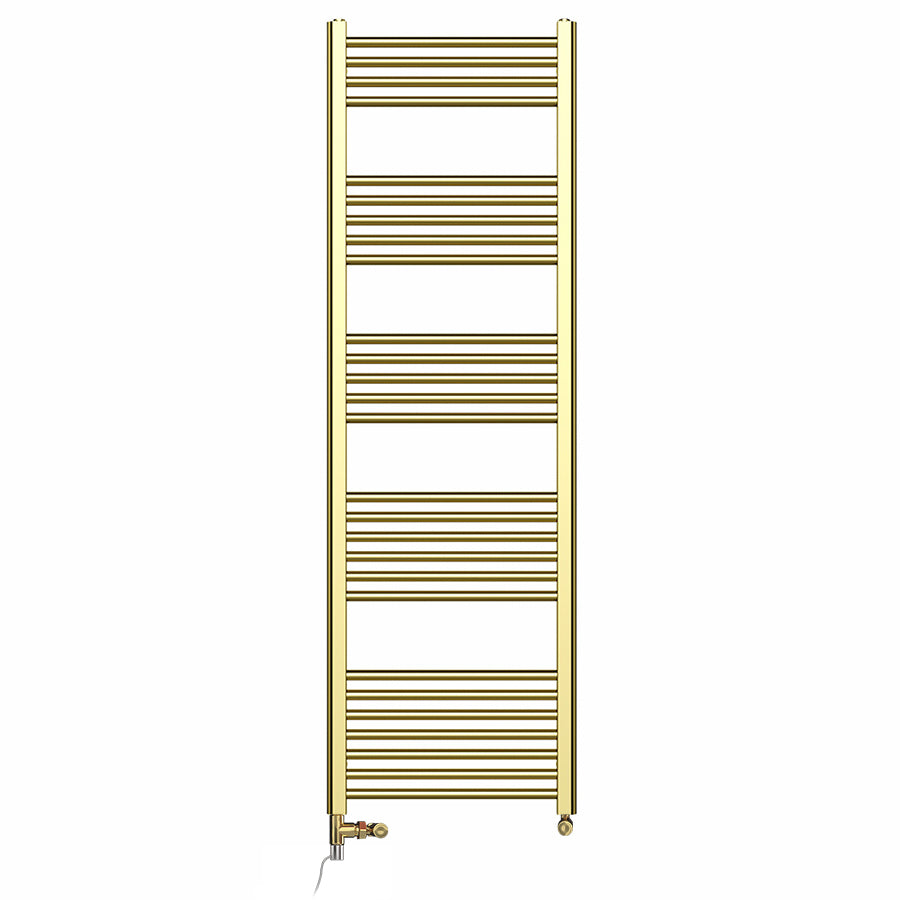 Dual Fuel - 500mm Wide - Shiny Gold- Heated Towel Rail Radiator - (incl. Valves + Electric Heating Kit)