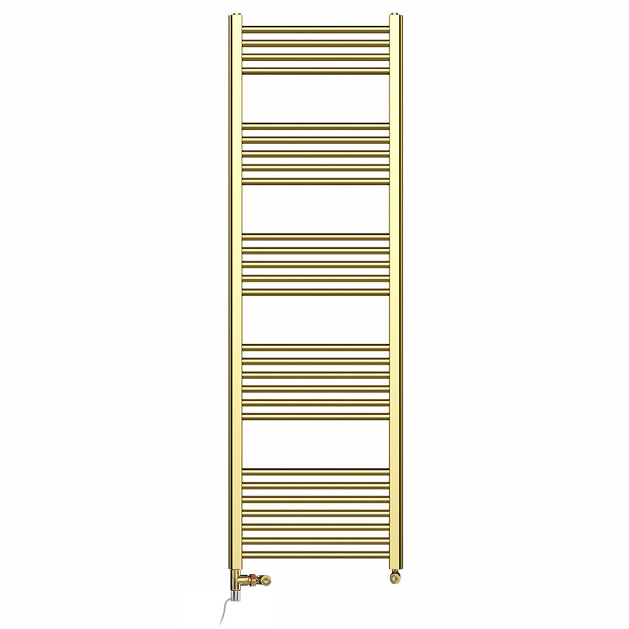 Dual Fuel 500mm x 1600mm Shiny Gold Heated Towel Rail Radiator- (incl. Valves + Electric Heating Kit)