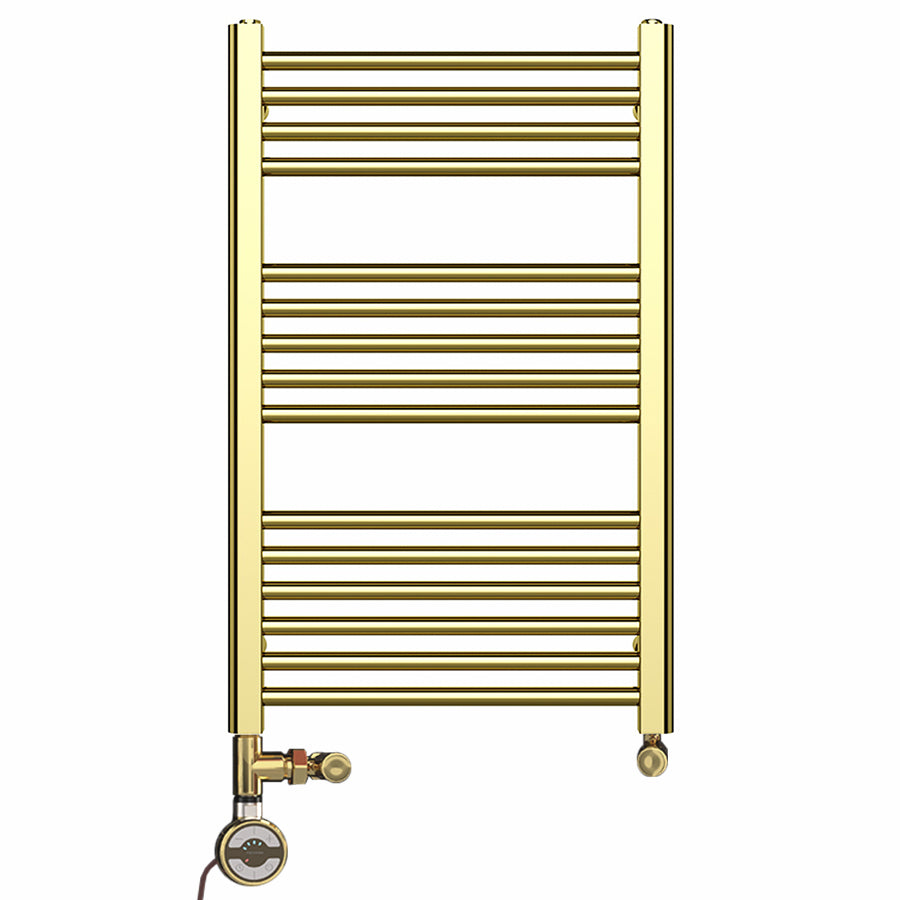 Dual Fuel - 500mm Wide - Shiny Gold- Heated Towel Rail Radiator - (incl. Valves + Electric Heating Kit)