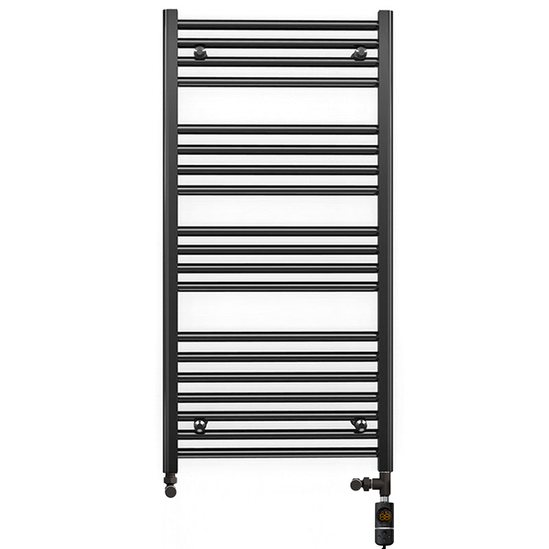 Dual Fuel 600mm x 1000mm Straight Matt Matt Black Heated Towel Rail - (incl. Valves + Electric Heating Kit)