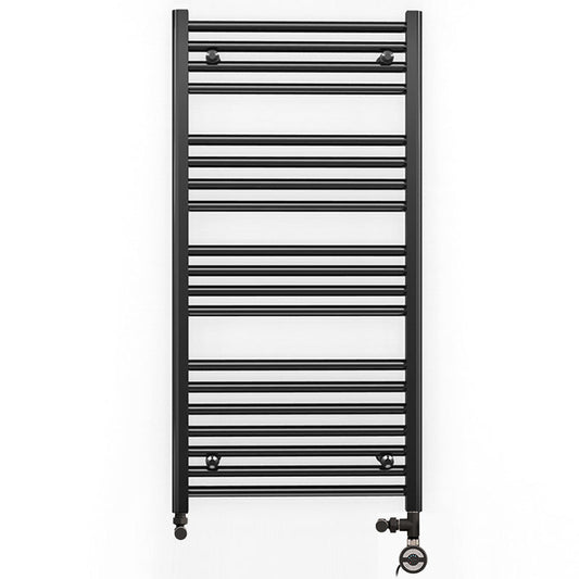 Dual Fuel 550mm x 1000mm Straight Matt Matt Black Heated Towel Rail - (incl. Valves + Electric Heating Kit)