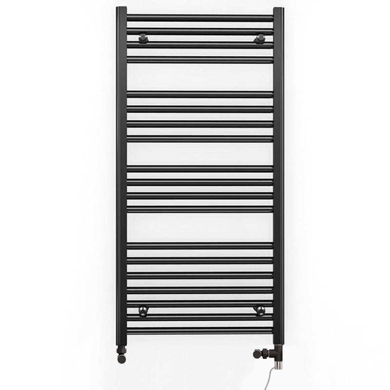 Dual Fuel 600mm x 1000mm Straight Matt Matt Black Heated Towel Rail - (incl. Valves + Electric Heating Kit)