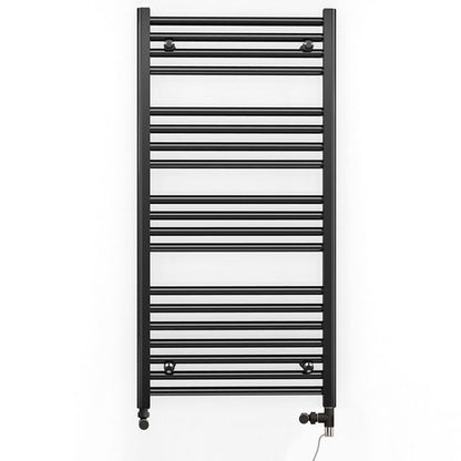 Dual Fuel 600mm x 1000mm Straight Matt Matt Black Heated Towel Rail - (incl. Valves + Electric Heating Kit)