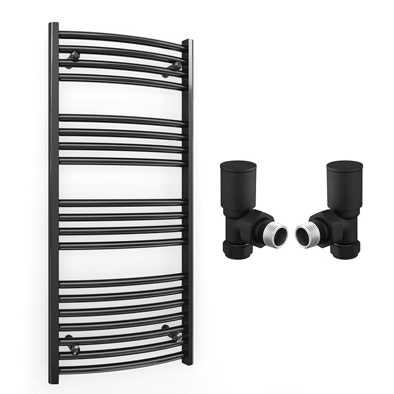 400mm x 1000mm Curved  Matt Black Heated Towel Rail Radiator