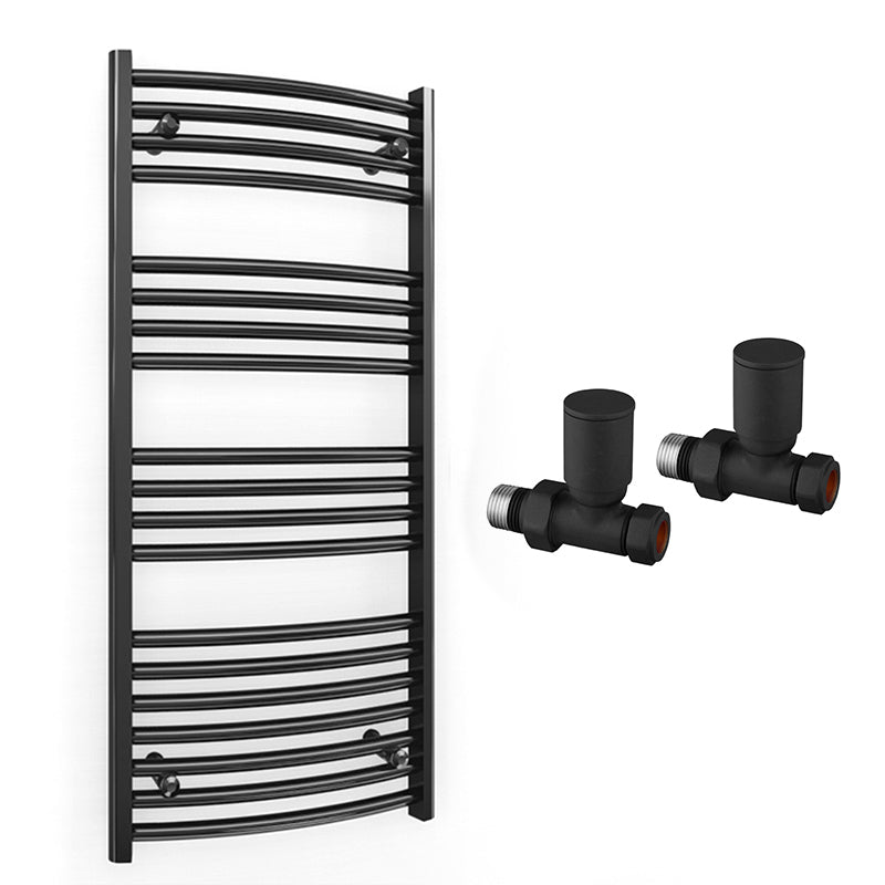 400mm x 1000mm Curved  Matt Black Heated Towel Rail Radiator