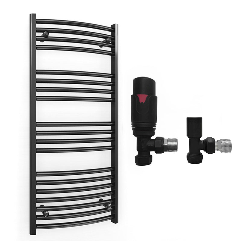 400mm x 1000mm Curved  Matt Black Heated Towel Rail Radiator
