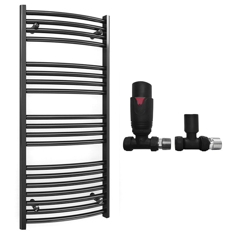 400mm x 1000mm Curved  Matt Black Heated Towel Rail Radiator