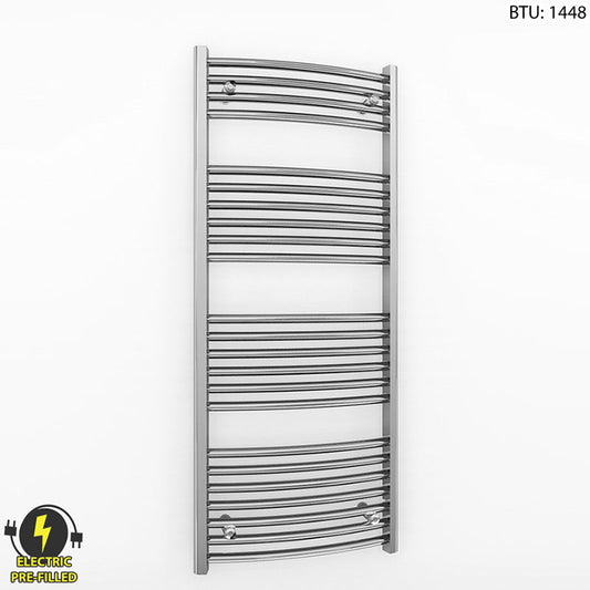 500mm x 1200mm Curved Chrome Electric Pre-Filled Heated Towel Rail Radiator