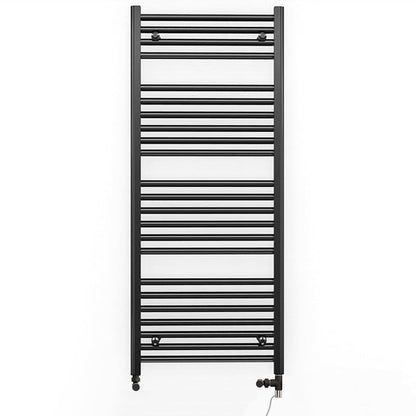 Dual Fuel 500mm x 1200mm Straight Matt Matt Black Heated Towel Rail - (incl. Valves + Electric Heating Kit)