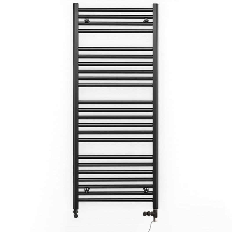 Dual Fuel 500mm x 1200mm Straight Matt Matt Black Heated Towel Rail - (incl. Valves + Electric Heating Kit)