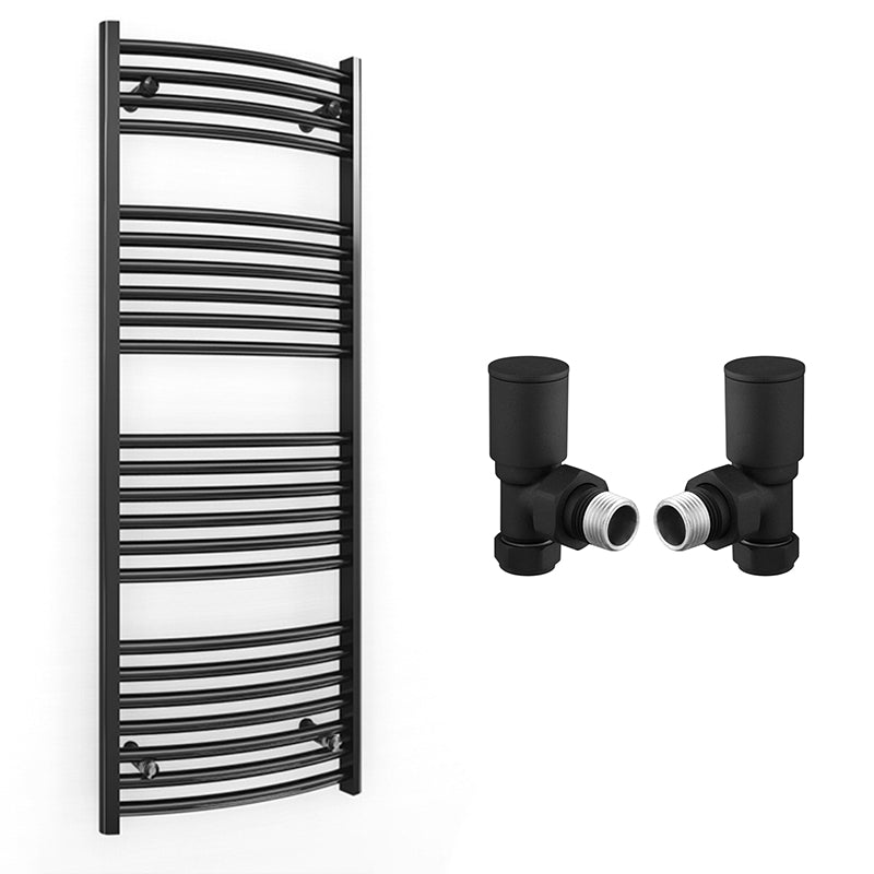 400mm x 1200mm Curved  Matt Black Heated Towel Rail Radiator
