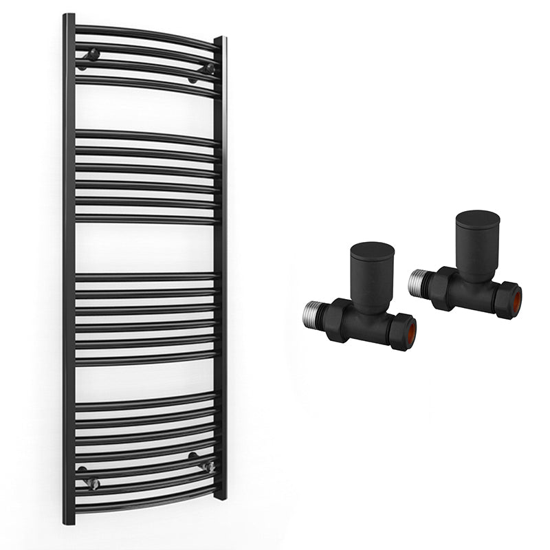 400mm x 1200mm Curved  Matt Black Heated Towel Rail Radiator