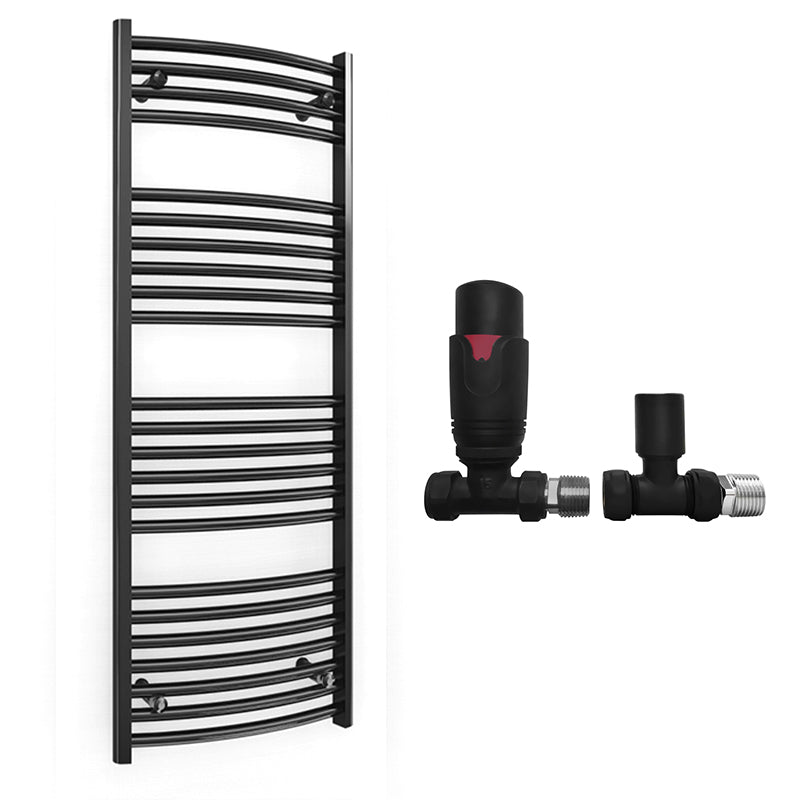 400mm x 1200mm Curved  Matt Black Heated Towel Rail Radiator