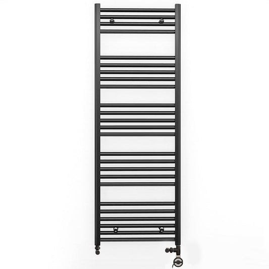 Dual Fuel 600mm x 1400mm Straight Matt Matt Black Heated Towel Rail - (incl. Valves + Electric Heating Kit)