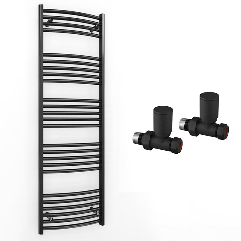 500mm x 1400mm Curved  Matt Black Heated Towel Rail Radiator