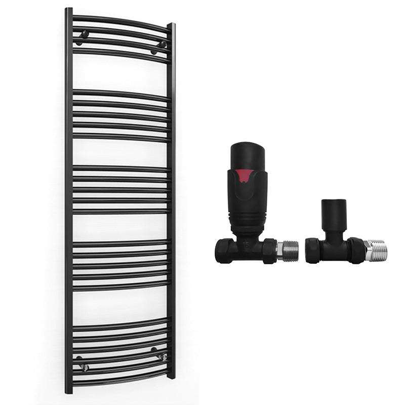 500mm x 1400mm Curved  Matt Black Heated Towel Rail Radiator