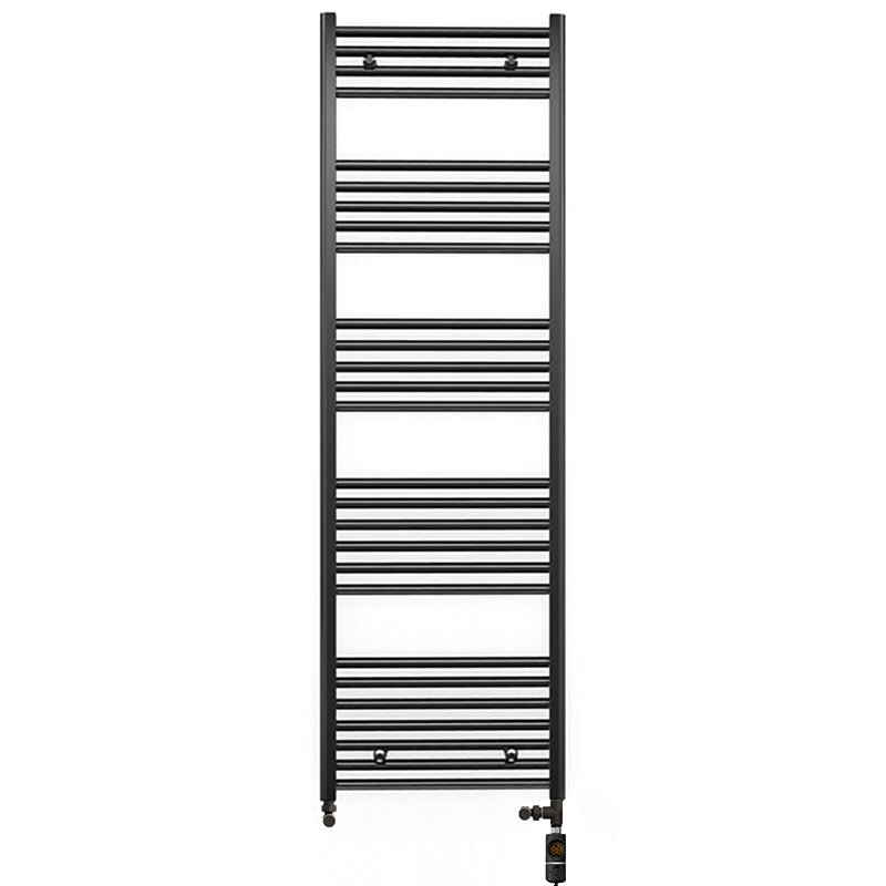 Dual Fuel 600mm x 1600mm Straight Matt Matt Black Heated Towel Rail - (incl. Valves + Electric Heating Kit)