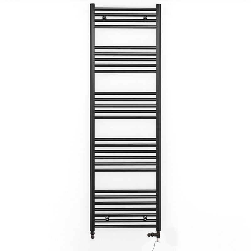Dual Fuel 600mm x 1600mm Straight Matt Matt Black Heated Towel Rail - (incl. Valves + Electric Heating Kit)