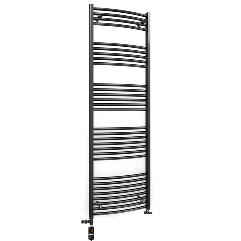 Dual Fuel 500mm x 1700mm Matt Matt Black Curved Heated Towel Rail - (incl. Valves + Electric Heating Kit)