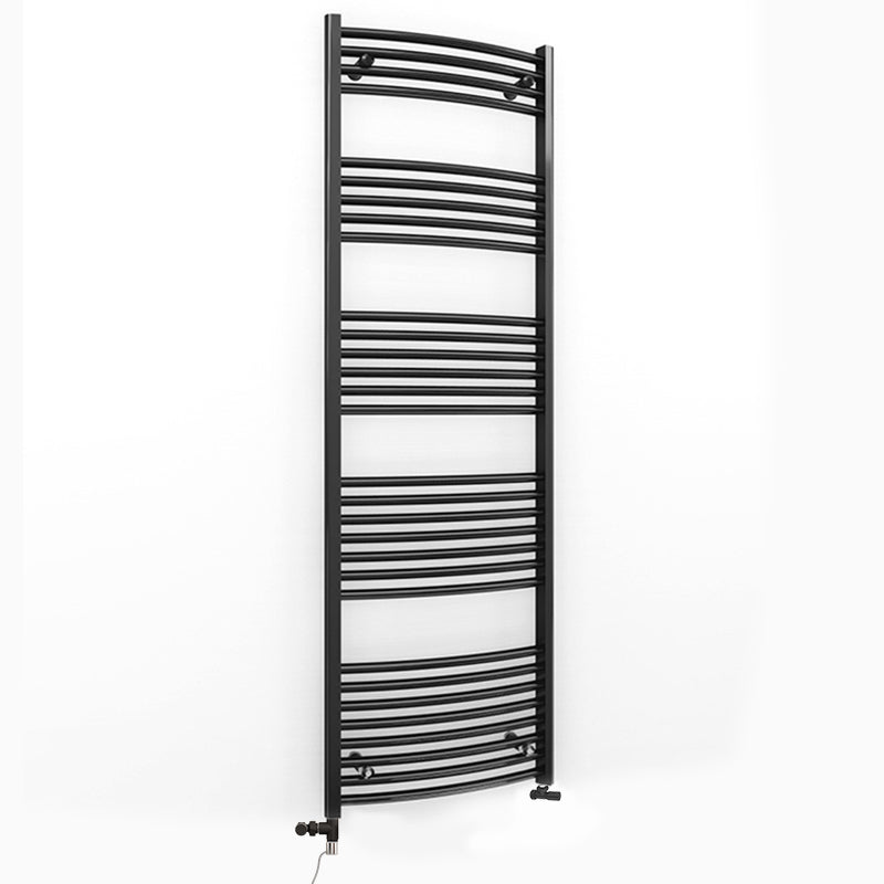 Dual Fuel 500mm x 1700mm Matt Matt Black Curved Heated Towel Rail - (incl. Valves + Electric Heating Kit)