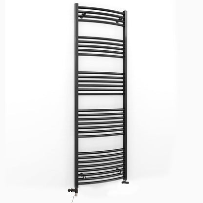 Dual Fuel 500mm x 1700mm Matt Matt Black Curved Heated Towel Rail - (incl. Valves + Electric Heating Kit)