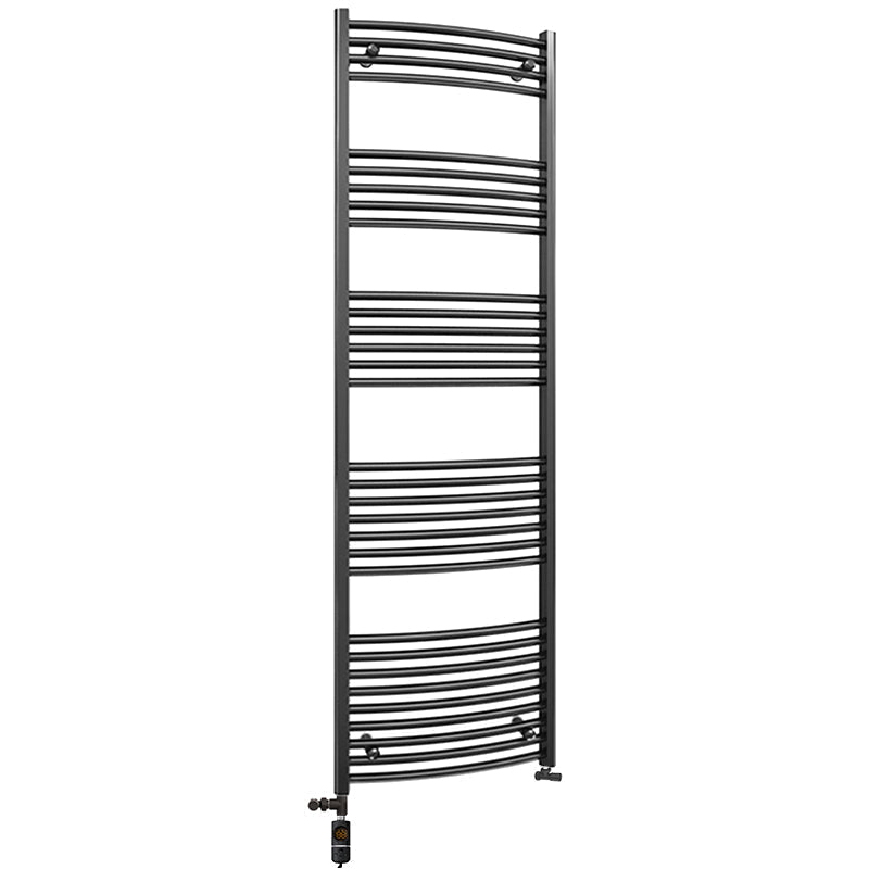 Dual Fuel 500mm x 1800mm Matt Matt Black Curved Heated Towel Rail - (incl. Valves + Electric Heating Kit)