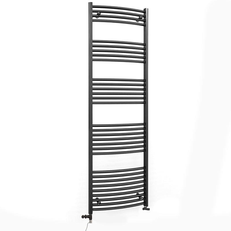 Dual Fuel 500 x 1800mm Matt Black Curved Heated Towel Rail  22mm Tube- (incl. Valves + Electric Heating Kit)