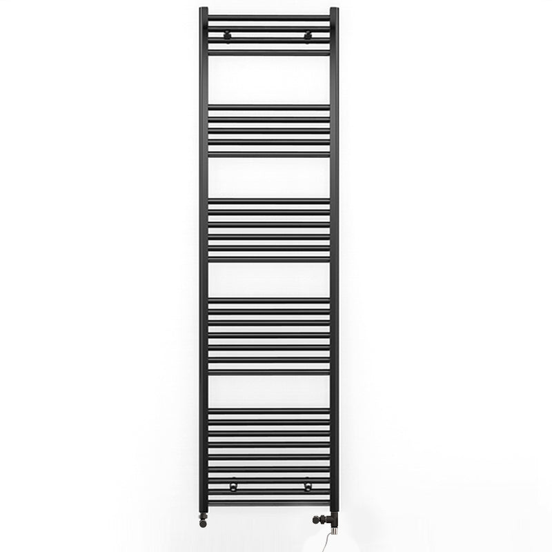 Dual Fuel 600mm x 1800mm Straight Matt Matt Black Heated Towel Rail - (incl. Valves + Electric Heating Kit)