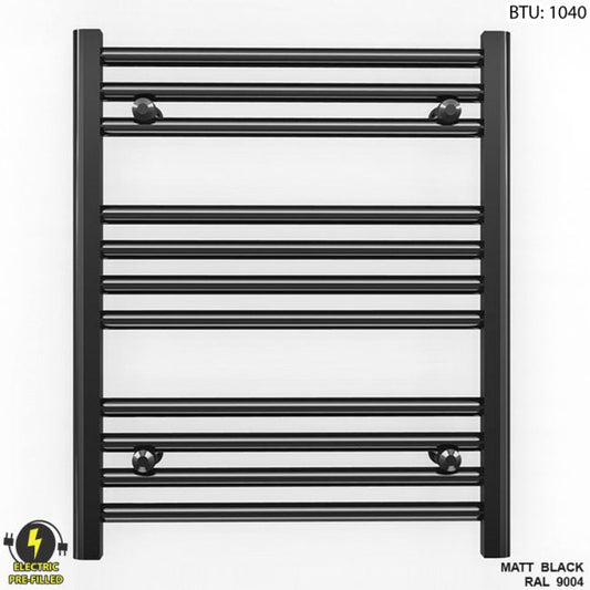 Small 550mm x 600mm Straight Matt Black Electric Pre-Filled Heated Towel Rail Radiator