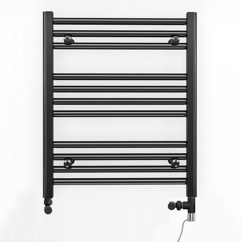 Dual Fuel 600mm x 600mm Straight Matt Matt Black Heated Towel Rail - (incl. Valves + Electric Heating Kit)