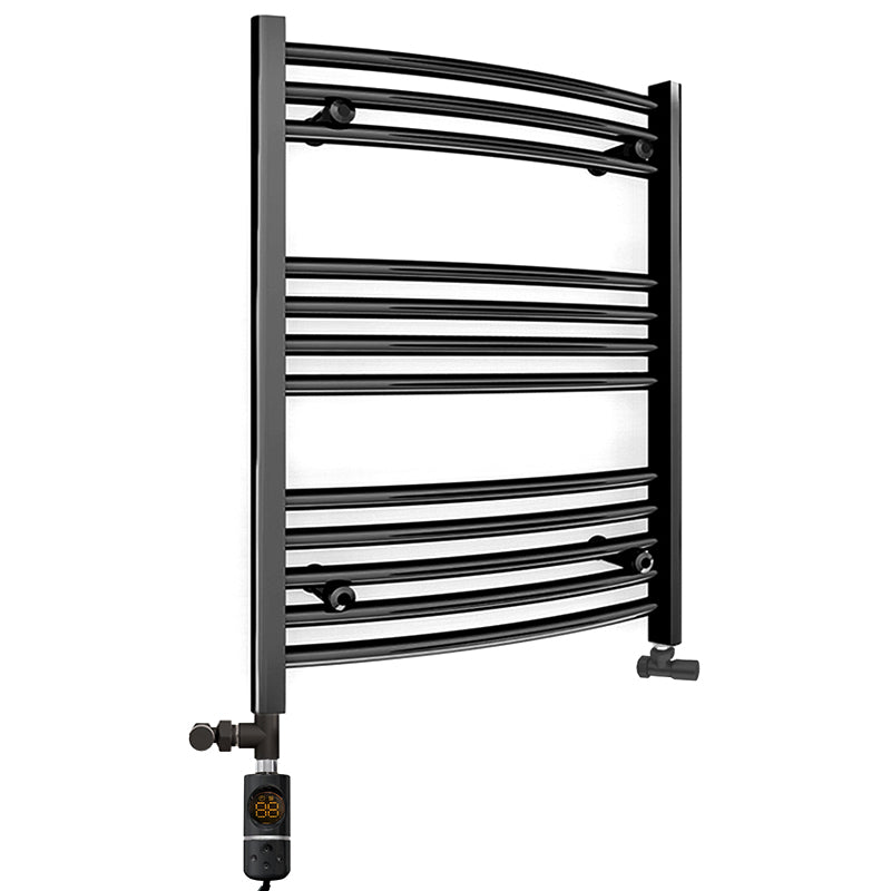 Small Dual Fuel 500mm x 700mm Matt Matt Black Curved Heated Towel Rail - (incl. Valves + Electric Heating Kit)