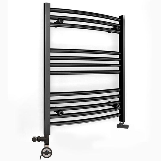 Small Dual Fuel 500mm x 700mm Matt Matt Black Curved Heated Towel Rail - (incl. Valves + Electric Heating Kit)