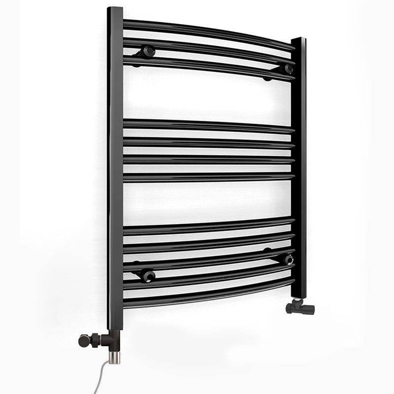 Small Dual Fuel 500mm x 700mm Matt Matt Black Curved Heated Towel Rail - (incl. Valves + Electric Heating Kit)