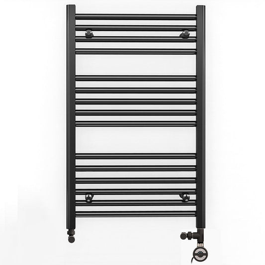 Dual Fuel 600mm x 800mm Straight Matt Matt Black Heated Towel Rail - (incl. Valves + Electric Heating Kit)
