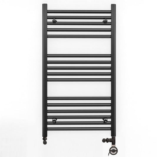 Small Dual Fuel 500mm x 900mm Straight Matt Matt Black Heated Towel Rail - (incl. Valves + Electric Heating Kit)