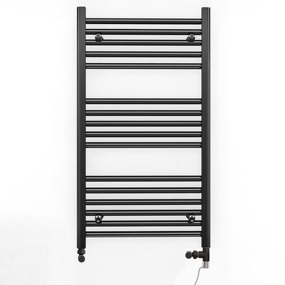 Small Dual Fuel 550mm x 900mm Straight Matt Matt Black Heated Towel Rail - (incl. Valves + Electric Heating Kit)