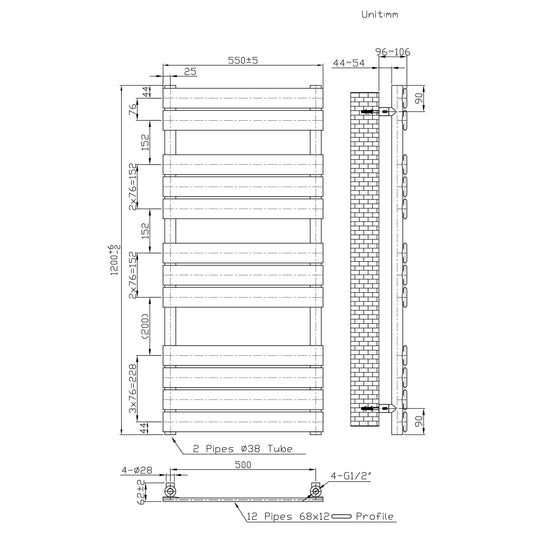 550 x 1200mm Chrome Designer Bathroom Heated Panel Towel Rail Radiator