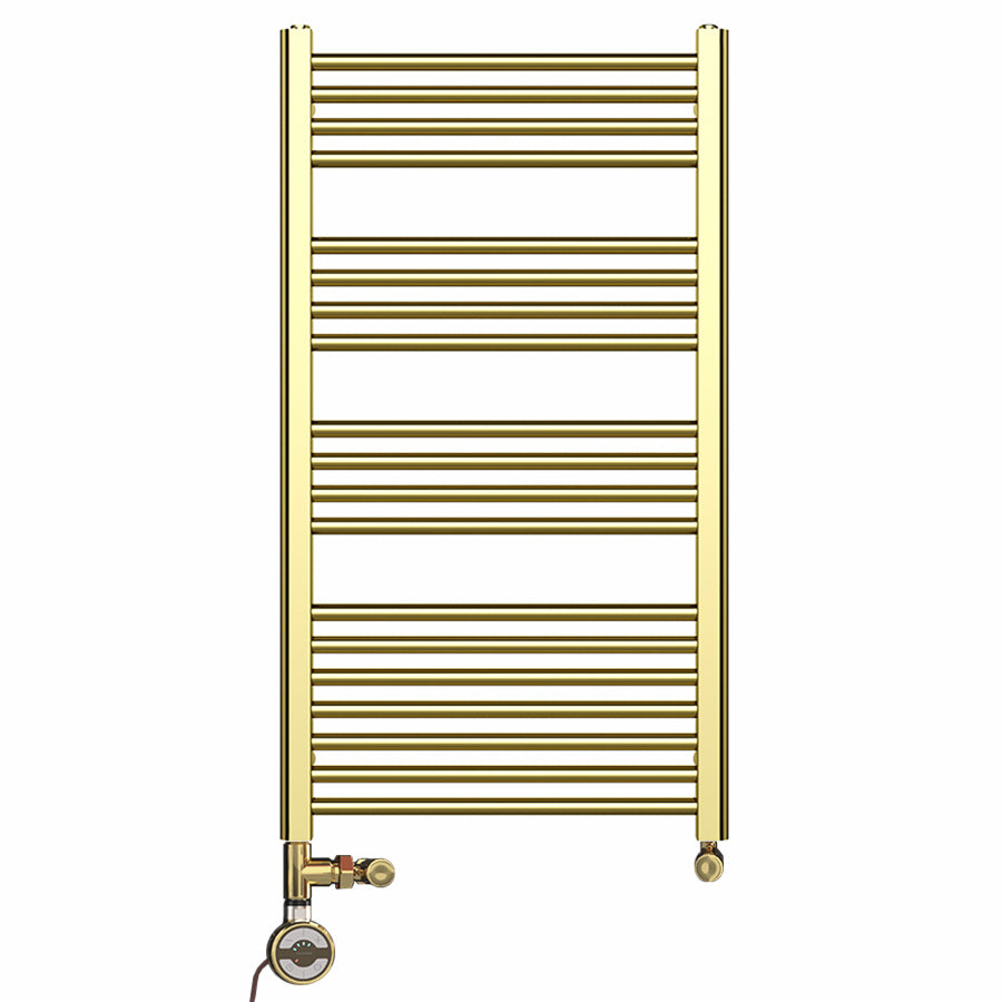 Dual Fuel 550mm x 1000mm Shiny Gold Heated Towel Rail Radiator- (incl. Valves + Electric Heating Kit)