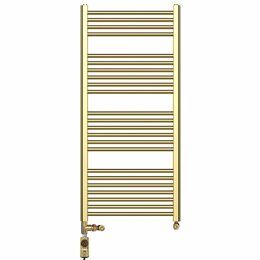 Dual Fuel 550mm x 1200mm Shiny Gold Heated Towel Rail Radiator- (incl. Valves + Electric Heating Kit)