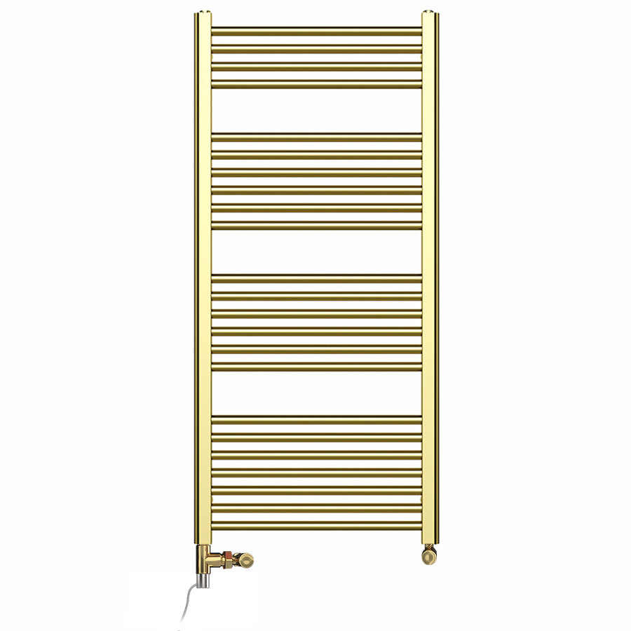 Dual Fuel 550mm x 1200mm Shiny Gold Heated Towel Rail Radiator- (incl. Valves + Electric Heating Kit)
