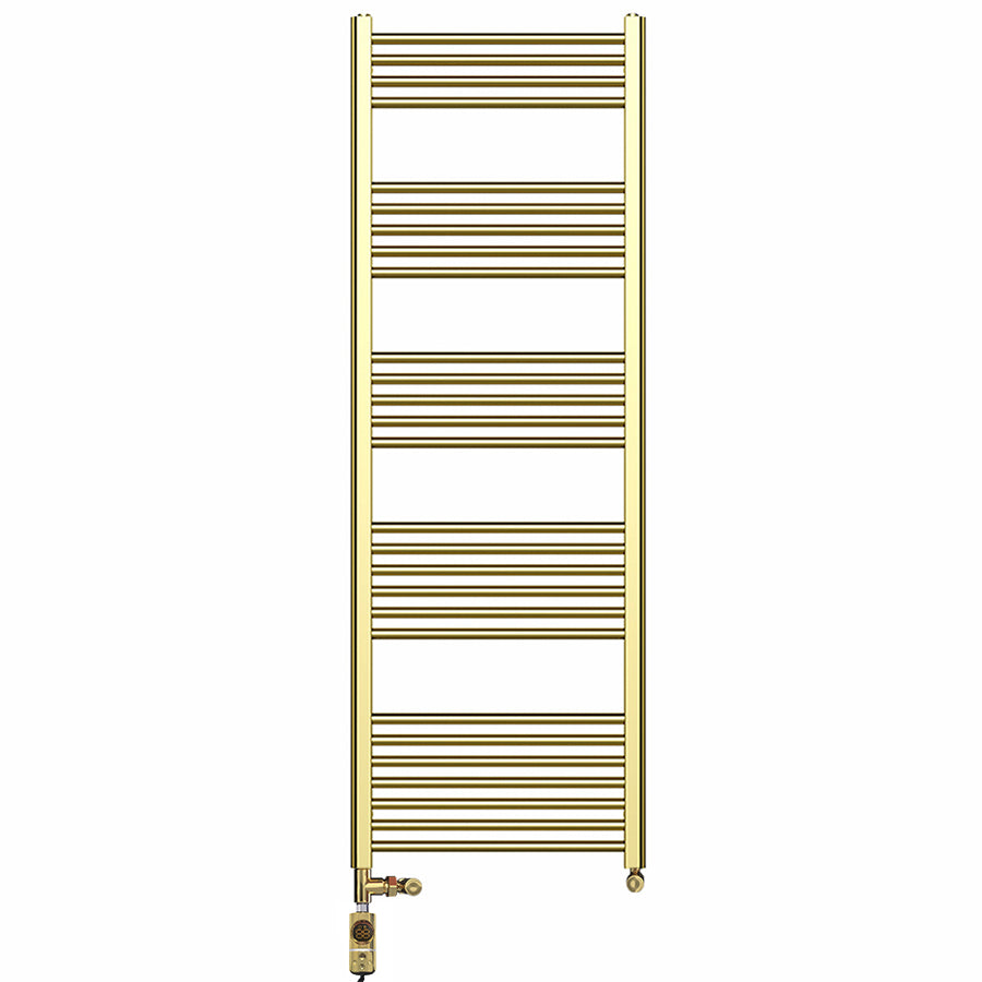 Dual Fuel 550mm x 1600mm Shiny Gold Heated Towel Rail Radiator- (incl. Valves + Electric Heating Kit)