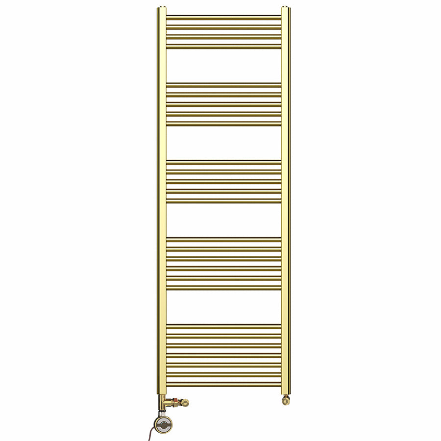 Dual Fuel 550mm x 1600mm Shiny Gold Heated Towel Rail Radiator- (incl. Valves + Electric Heating Kit)