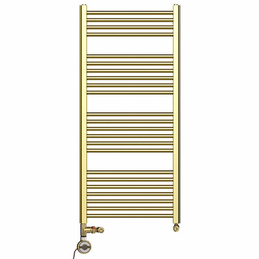Dual Fuel 550mm x 1200mm Shiny Gold Heated Towel Rail Radiator- (incl. Valves + Electric Heating Kit)