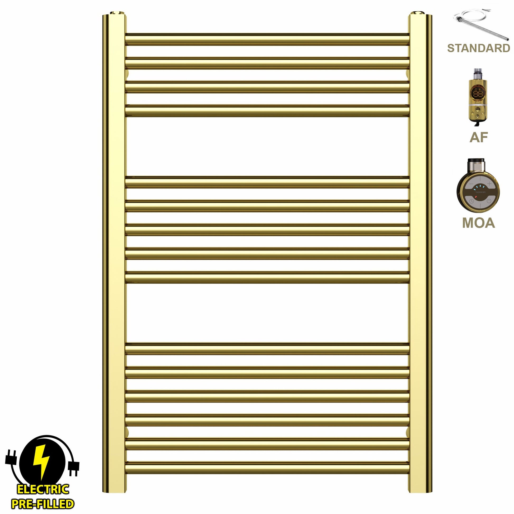 Small 500mm x 800mm Shiny Gold Electric Pre-Filled Heated Towel Rail Radiator