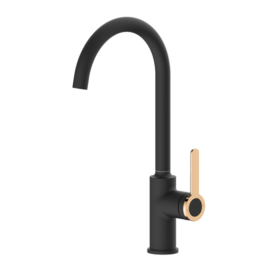 Elegant Black Brass Bathroom Tap with 360° Swivel Head & Gold Detail Model Kpy 7431 M7126